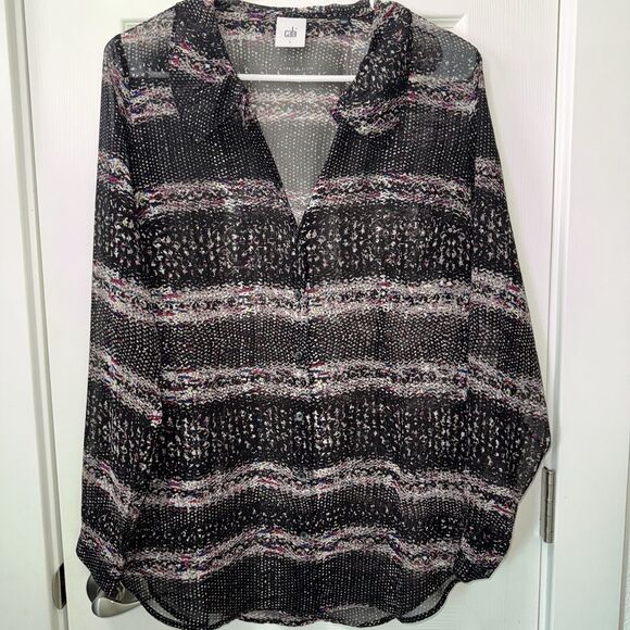 CAbi Paris Black Sheer Print Button Down Blouse Top #3249 Women’s Small - Picture 1 of 5